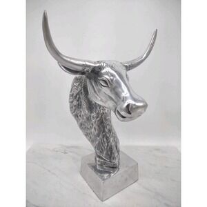 Vtg Metal Long Horned Bull Head Bust Figure Statue Western Silvertone 13" Tall